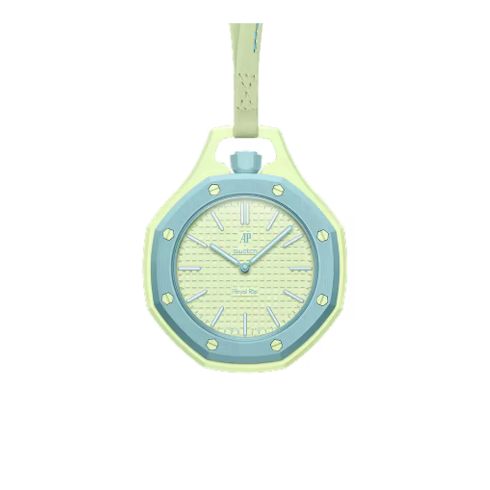 Swatch x Audemars Piguet Bioceramic Royal Oak Pop Blue Eight Lime Green watch SSX03L101N Fronte