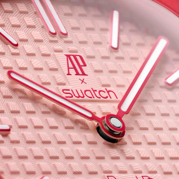 Swatch x Audemars Piguet Bioceramic Royal Oak Pop Otto Rosso Pink watch SSX03R100N Dettaglio