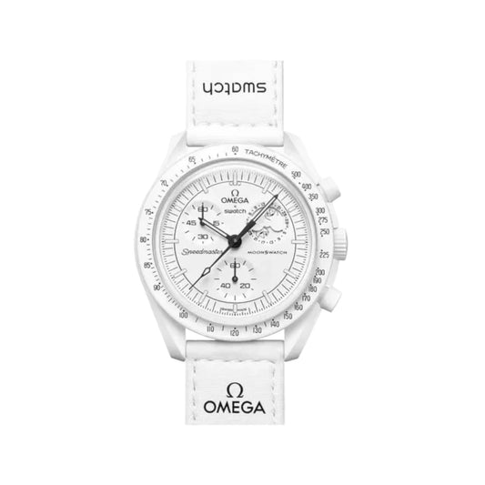 Swatch Omega Bioceramic Moonswatch Mission to Moonphase Snoopy White watch SO33W700 Frontale