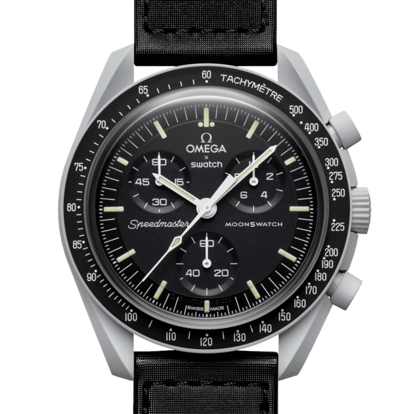 Swatch Omega Bioceramic Moonswatch Mission to the Moon watch SO33M100 Frontale